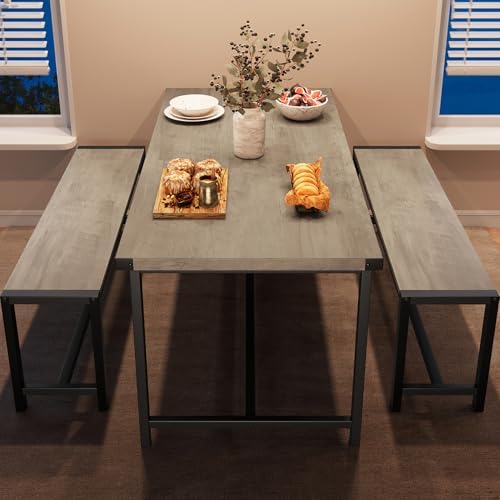 GarveeHome Dining Table Set for 4, Kitchen Table with 2 Metal Wood Benches, Rectangular Room Dining Table Set, 3 Piece Farmhouse Kitchen Table Set for Small Space, Apartment, Studio, Rustic Gray - Image 2