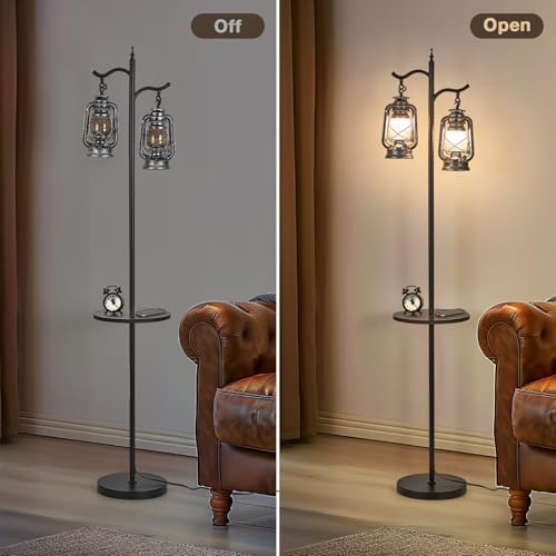 Farmhouse Floor lamp with Table, Double Head Vintage Floor Lantern, Standing lamp for Living Room，Bedroom, Rustic Floor Lamp with Silver Finish - Image 5