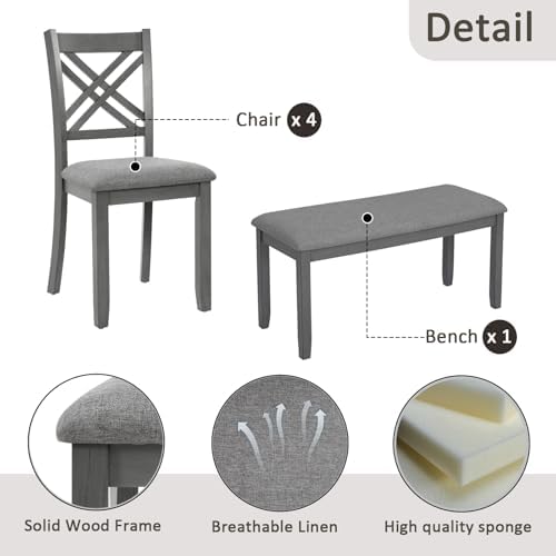 Harper & Bright Designs 6 Piece Kitchen Dining Room Set, Rectangular Wooden Dining Table with 4 X-Back Upholstered Chairs and 1 Bench, Modern Wood Furniture Set for 6 People, Grey Finish - Image 6