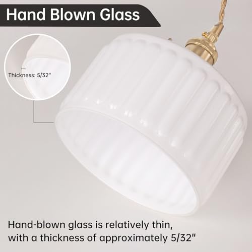 Shenmoyl Plug in Pendant Light Hanging Light Fixture Corded On/Off Switch Brass Pendant Light with White Striped Glass Lampshade for Bedroom Living Room Kitchen Island - Image 4