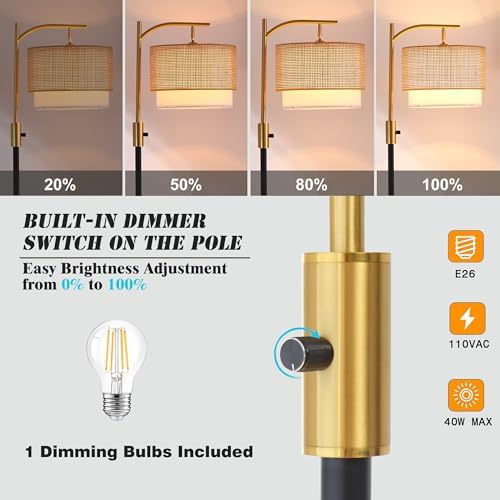 Dimmable Floor Lamp with Table and Marble Base, Arc Floor Lamp with Bulb, Boho Farmhouse Standing lamp with Fabric & Bamboo Shades for Living Room Bedroom - Image 2