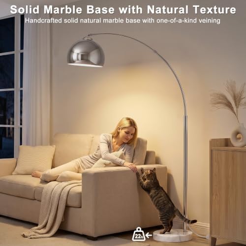 Arc Floor Lamp for Living Room, Modern Chrome Floor Lamp with Marble Base - Image 6