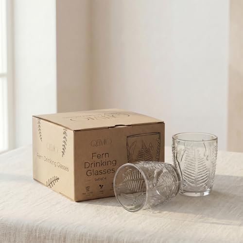 Clear Drinking Glasses Set of 4, 10 oz Glass Cups, Vintage Fern Glassware - Image 5