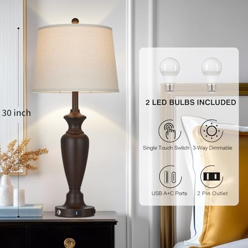 Cinyirong 30" Tall Metal Table Lamps Set of 2, Touch Control Bedside Lamps for Bedroom Nightstand, 3-Way Dimmable Farmhouse Lamp for Living Room with Charging Ports, Brown (2 LED Bulbs Included) - Image 2