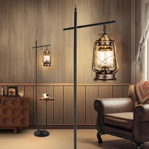 Vintage Floor Lamp with Table,Classical Lantern Standing Rustic Farmhouse Nightstand Hanging Arc Floor Lamp with Bronze Gold Finish,for Living Room,Bedroom,Reading Room(Bronze) by workluurop