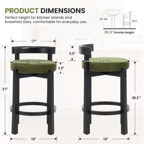 LukeAlon Mid Century Velvet Counter Stools Set of 6, Upholstered 26.5” Seat Height Barstools with Black Wood Legs Retro Modern Round Kitchen Stools with Footrest for Dining Room Bar Coffee Shop, Green - Image 2