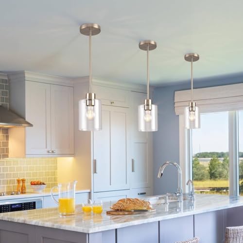 Brushed Nickel Pendant Lights Kitchen Island - Clear Glass Pendant Light Fixture Multiple Stems Rods 3 Units 12 Inch 3 Units 4 Inch (3 Pack Brushed Nickel) - Image 3