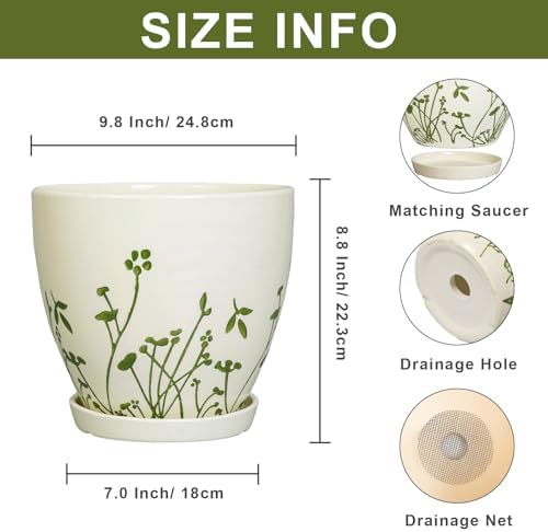 MPotTo Ceramic Pot for Plants 10 Inch, Grasses White - Image 2