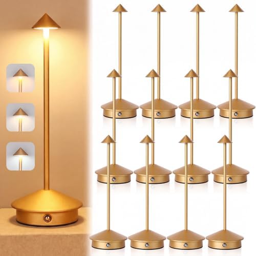 12 Pack Cordless Table Lamp, 3 Color Stepless Dimmable, Gold by Unknown