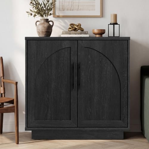 Fatmok Arched Sideboard Buffet Accent Cabinet, 31.5" Credenza with Adjustable Shelf, 2-Piece Modular Coffee Station Storage for Kitchen Living Room Bedroom, Black Grey - Image 6