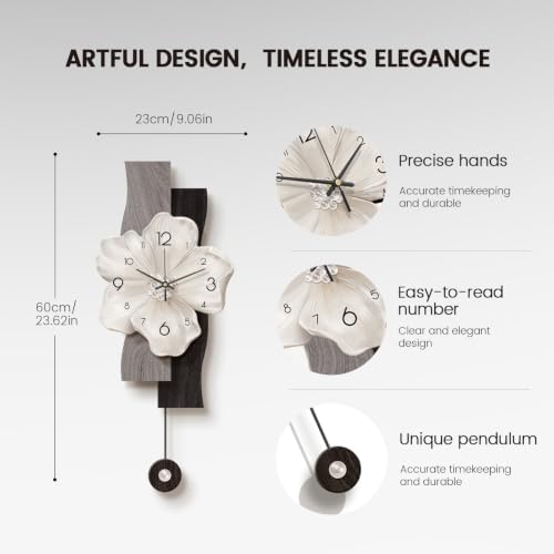 Flower Wall Clocks Battery Operated Decorative with Pendulum 9*24in,Grey - Image 7