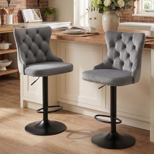 SoarFlash Velvet Bar Stool Set of 2, Adjustable Swivel Bar Stools with Black Metal Leg, Button Tufted, Footrest, Chrome Nailhead, Counter Height Chair for Kitchen, Bar, Dining Room (Grey) by SoarFlash