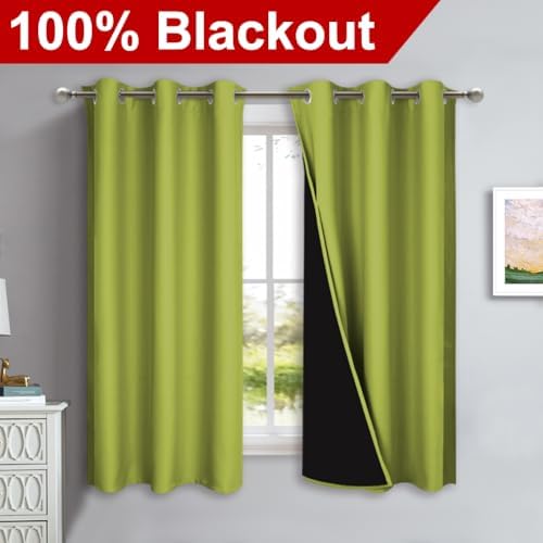 NICETOWN 100% Blackout Curtains 45 inches Long, Fresh Green, 1 Pair, 42 inches Width Each Panel, 2 Thick Layers Completely Blackout Window Treatment Thermal Insulated Lined Drapes for Small Window - Image 2