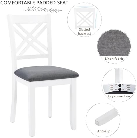Harper & Bright Designs 58.5" Lx34.5 W Solid Wood 7-Piece Dining Table Set for 6, Grey White Two-Tone Kitchen Dining Room Set with 6 Upholstered Chairs, Rubber Wood Frame, 330LBS Capacity - Image 5