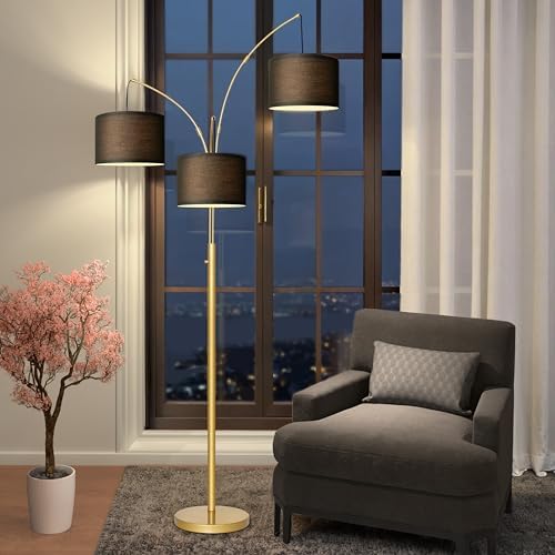 Dimmable Floor Lamp, 3 Lights Gold Arc Floor Lamp, Modern Tall Standing Tree Lamp with Black Linen Shades & Heavy Base, 3000LM LED Bulbs, Bright Lighting for Living Room, Bedroom, Office & Reading - Image 6
