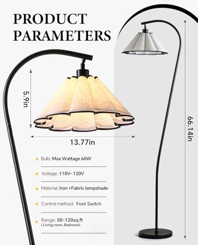 Floor Lamp with Pleated Linen Lampshade, Modern Flower Floor Lamp for Living Room Arc Standing Lamp, Gold Tall Lamp for Bedroom Office Dining Room, Bulb Included (Black + Black, 66.1IN) - Image 5
