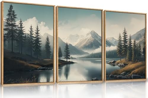 LHIUEM Large Mountain Misty Forest Framed Canvas Wall Art,Nature Ridge Foggy Wall Decor,Snow Lake Woodland Wall Painting,Pine Tree Artwork for Living Room,Bedroom,Dining Room,Office -16"x24"x3 by LHIUEM