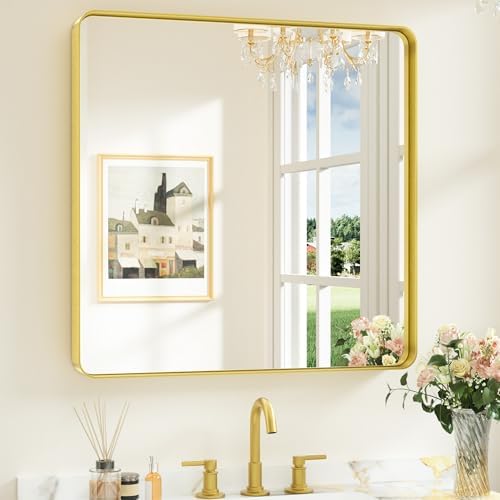 Keonjinn 30 x 30 Inch Brushed Gold Bathroom Mirrors for Over Sink by Keonjinn