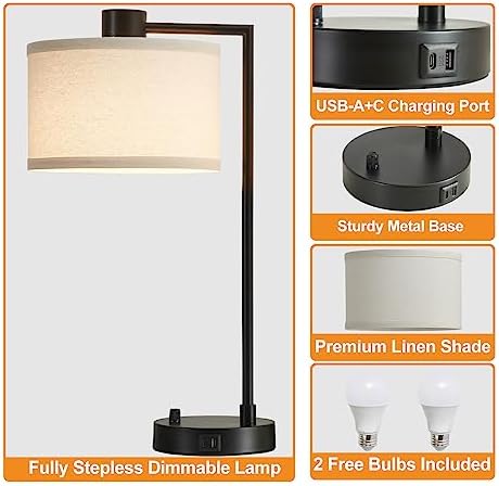 Luvkczc Table Lamp for Bedroom Set of 2 with USB C+A Ports, Fully Stepless Dimmable Bedside Lamp with Linen Lampshade, Contemporary Lamp for Living Room Reading Office, 2 LED Bulbs Included (Black) - Image 5