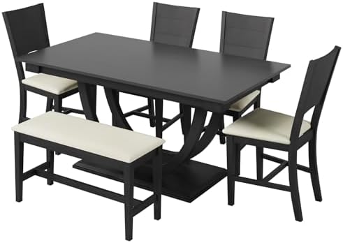 Modern Solid Wood 6-Piece Dining Table Set, Unique Design Half Round Legs Dining Table with Upholstered Dining Chairs&Bench, Kitchen Dining Room Set for 6 (Grey-Half L) - Image 6