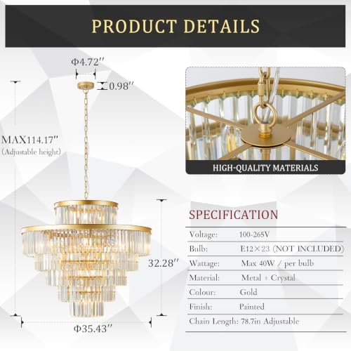 CATINER 36" Large Crystal Chandelier,23-Light Modern Gold Light Fixture - Image 3