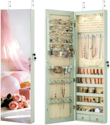 NAFORT 2 LEDs Mirror Jewelry Organizer, 47.5-Inch Borderless Full Length Mirror Jewelry Armoire, Lockable Wall Mounted Jewelry Cabinet, Jewelr Storage Box for Valentine’s Day Gift, Laurel Green by NAFORT