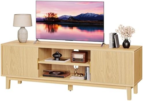 PRAISUN 54 Inch Fluted TV Stand for TVs Up to 55, 60 Inch, Mid Century Modern Entertainment Center with Storage, TV Console with Adjustable Shelves, Midea Console for Living Room Bedroom, Beige by PRAISUN