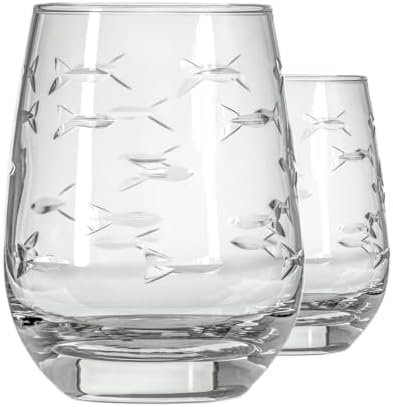 Rolf Glass School of Fish Clear Stemless Wine Glass | Set of 2 Stemless Glasses | 15oz Glass Tumblers | Engraved Lead-Free Coastal Glassware | Made in the USA by RolfGlass