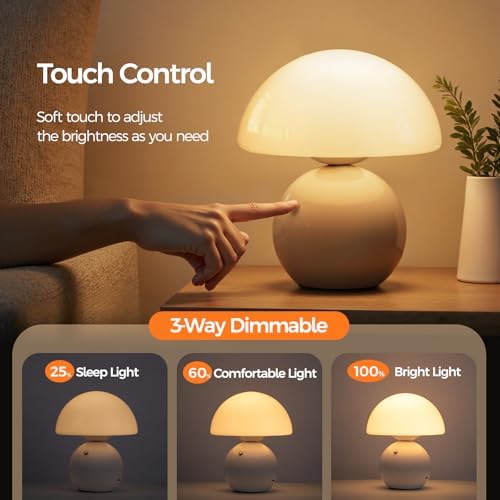 NIORSUN Wireless Mushroom Lamp,Table Lamp for Bedroom, Portables Cordless Lamps,Wireless lamp,Small Bedside Table Touch Lamps for Living Room,Mini Mushroom 5200mAh Battery Operated Lamp Modern (White) - Image 3