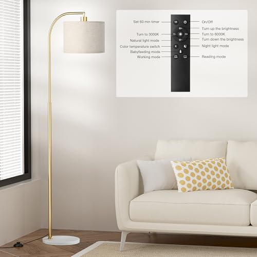 Ambimall Arc Floor Lamp with Remote and Stepless Dimmable Bulb, Colors Temperature & Brightness Adjustable, Gold Pole & Marble Base - Image 7