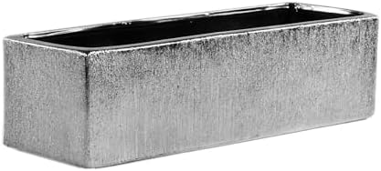 WGVI Long Rectangle Ceramic Planter Vase in Silver Etched 14" x 4" x 4"H, Rectangular Box Block Terrarium Pot, Flower Arrangement, Tabletop Centerpiece, Home Décor, Storage Container, 1 Pc. by WGVInternational-OpusGlassware