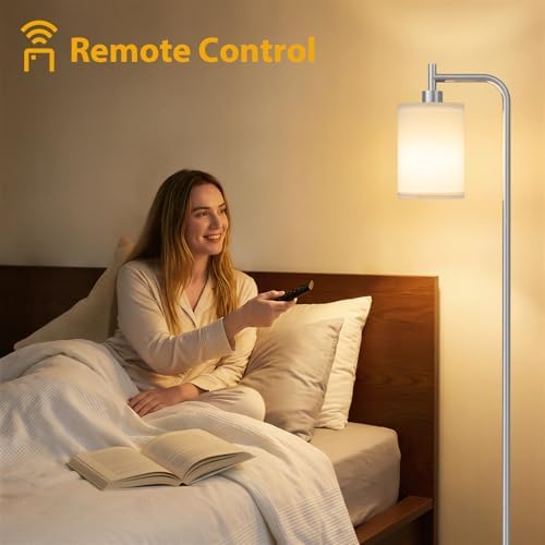 Ziisee 64" Floor Lamp for Living Room with Remote Control, White Shade with Brushed Nickel Pole, Dimmable Tall Lamps for Bedroom Office Corner, 9W LED Bulb Included - Image 3