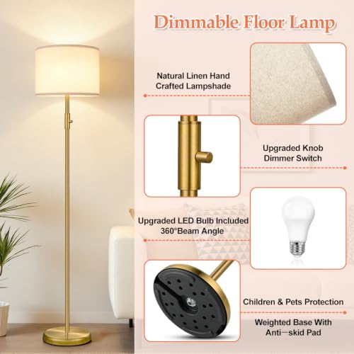 Floor Lamp Simple Design with Shade, Small Tall Lamps for Living Room Bedroom Office Dining Room Kitchen-Brass - Image 4