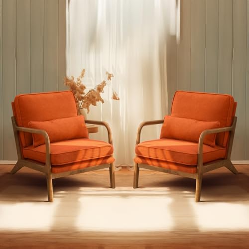 Bonnlo Burnt Orange Accent Chairs Set of 2, Upholstered Mid Century Modern Lounge Chairs Reading Chairs Side Sitting Chair Solid Wood Farmhouse Armchairs for Living Room, Bedroom, Guest Room by Bonnlo