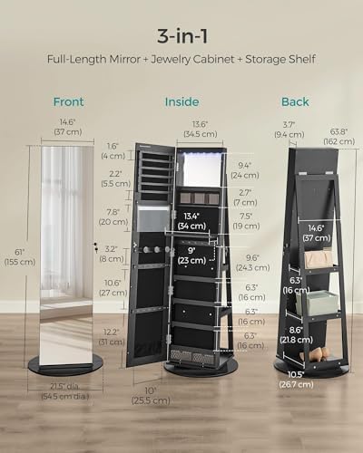 SONGMICS 6 LEDs Mirror Jewelry Cabinet Organizer, 360° Swivel, Lockable - Image 5