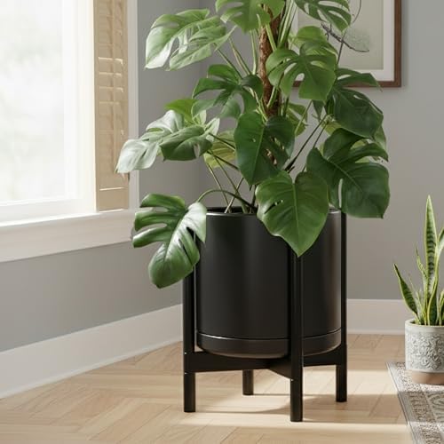 D'vine Dev Ceramic Pot with Ebony Wood Stand, Black, 14 in, 55-B-S-2 - Image 2