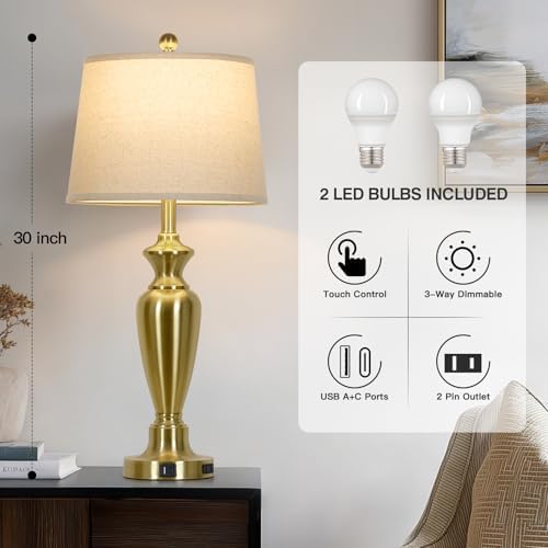 Cinyirong 30" Tall Gold Table Lamps Set of 2, Touch Control Bedside Lamp with USB A+C Ports and AC Outlet, 3-Way Dimmable Modern Metal Nightstand Lamp for Bedroom Living Room, 2 LED Bulbs Included - Image 2