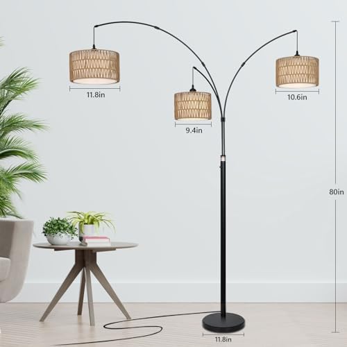 Black Arc Floor Lamps for Living Room, Farmhouse Boho Floor Lamp for Bedroom, Industrial Standing Lamp for Office, Dimmable Tall Lamp with Rattan Lampshades, Reading Arched Light - Image 6