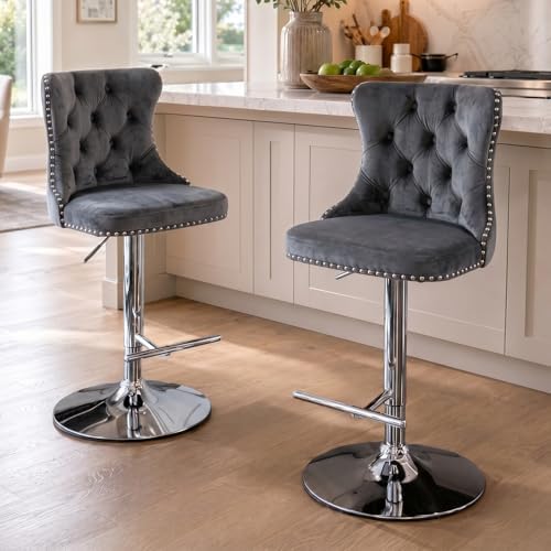 SoarFlash Velvet Bar Stool Set of 2, Adjustable Swivel Bar Stools with Silver Plated Metal Leg, Button Tufted, Footrest, Chrome Nailhead, Counter Height Chair for Kitchen, Bar, Dining Room (Grey) by SoarFlash