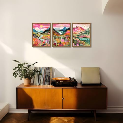 Boho Colorful Mountain Wall Art Set of 3, Abstract Watercolor Landscape Flower Wall Decor Paintings, Modern Nature Sunset Forest Posters Prints for Living Room, Bedroom 12x16 Inch Wood Framed - Image 7