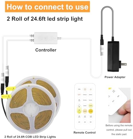 CCT COB LED Strip Lights, 49ft Dimmable 2700K-6500K 24V Tunable White LED Light Strip Kit, High Density CRI 90+ LED Strips with Remote Controller and Power Supply, for Bedroom Kitchen Home Lighting - Image 2