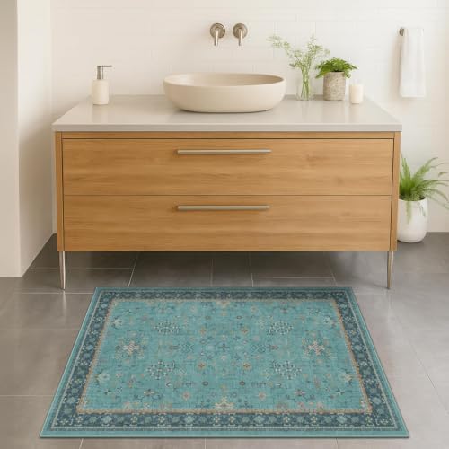 2x4 Washable Teal Throw Rugs for Entryway Indoor - Washable Non Slip Kitchen Rug, Boho Floral Small Carpet for Bathroom, Powder Room, Non Slip Low Pile Stain & Fade Resistant Indoor Décor - Image 3