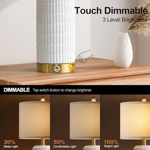 PoKat Stone-Like Ceramic Table Lamps with USB Ports for Bedroom, 25'' Matte-White Dimmable Nightstand Touch Lamps for Night Stands with Gold Base, Farmhouse Lamps for Living Room End Side Table - Image 4