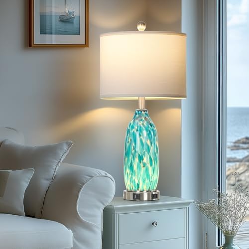 Rinweey 26" Peacock Green Glass Table Lamps Set of 2,Coastal Nautical Bedside Lamps with USB Ports & AC Outlet,Lamparas Elegantes para Cuarto with Night Light for Bedroom Living Room Decoration - Image 5