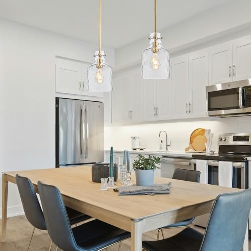 WILON Pendant Light Fixtures,Glass Pendant Lighting for Modern Kitchen Island Adjustable Hanging Ceiling Light 7" Hammered Glass Shade Pendant Lights for Dining Room Kitchen Sink, Gold Metal Finish - Image 4