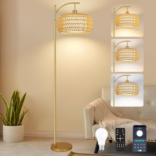 ZECOXOL Gold Floor Lamps for Living Room Rattan Boho Floor Lamp with Remote Control & 3 Color Temperature,Dimmable Arc Floor Lamps Brass Standing Lamp Tall Floor Lamp for Bedroom Living Room Corner by ZECOXOL