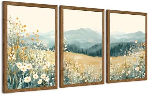 AVECCO 3 Pieces Wildflower Meadow Mountain Framed Canvas Wall Art 20x30 in by Unknown