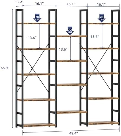 NUMENN Triple Column 5 Tier Bookshelf with 14 Adjustable Shelves, Vintage - Image 3