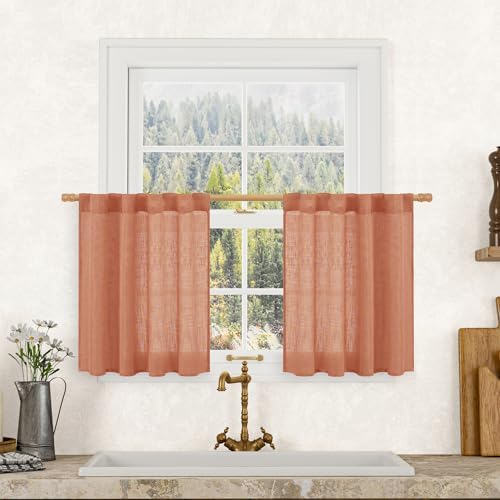 LAMIT Terracotta Semi Sheer Linen Curtains 24 Inch Long for Cafe 2 Panels by LAMIT