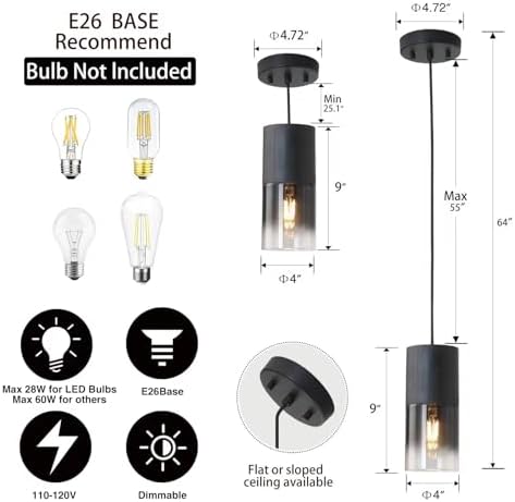 3-Pack Black Pendant Light Fixtures, Adjustable Modern Pendant Lights for Kitchen Island, Industrial Glass Pendant Lights for Dining Table Hallway Bedroom Living Room - Image 3